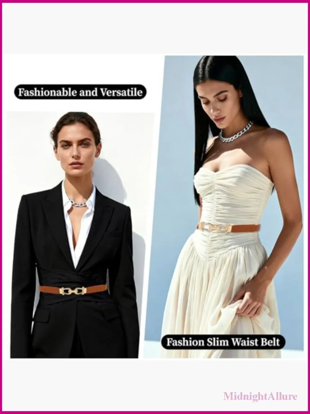 Stretchy Thin Waist Belt, Retro Elastic Skinny Belt with Gold Buckle, 2 Pack